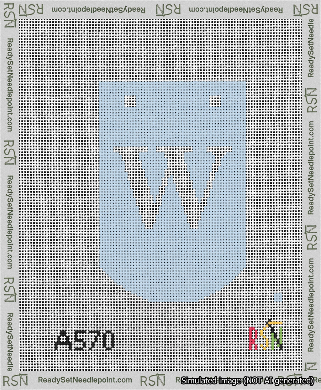 A taped needlepoint canvas with the design: Banner 13 mesh count Curved W White on Light Blue.