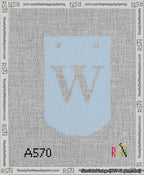 A taped needlepoint canvas with the design: Banner 13 mesh count Curved W White on Light Blue.