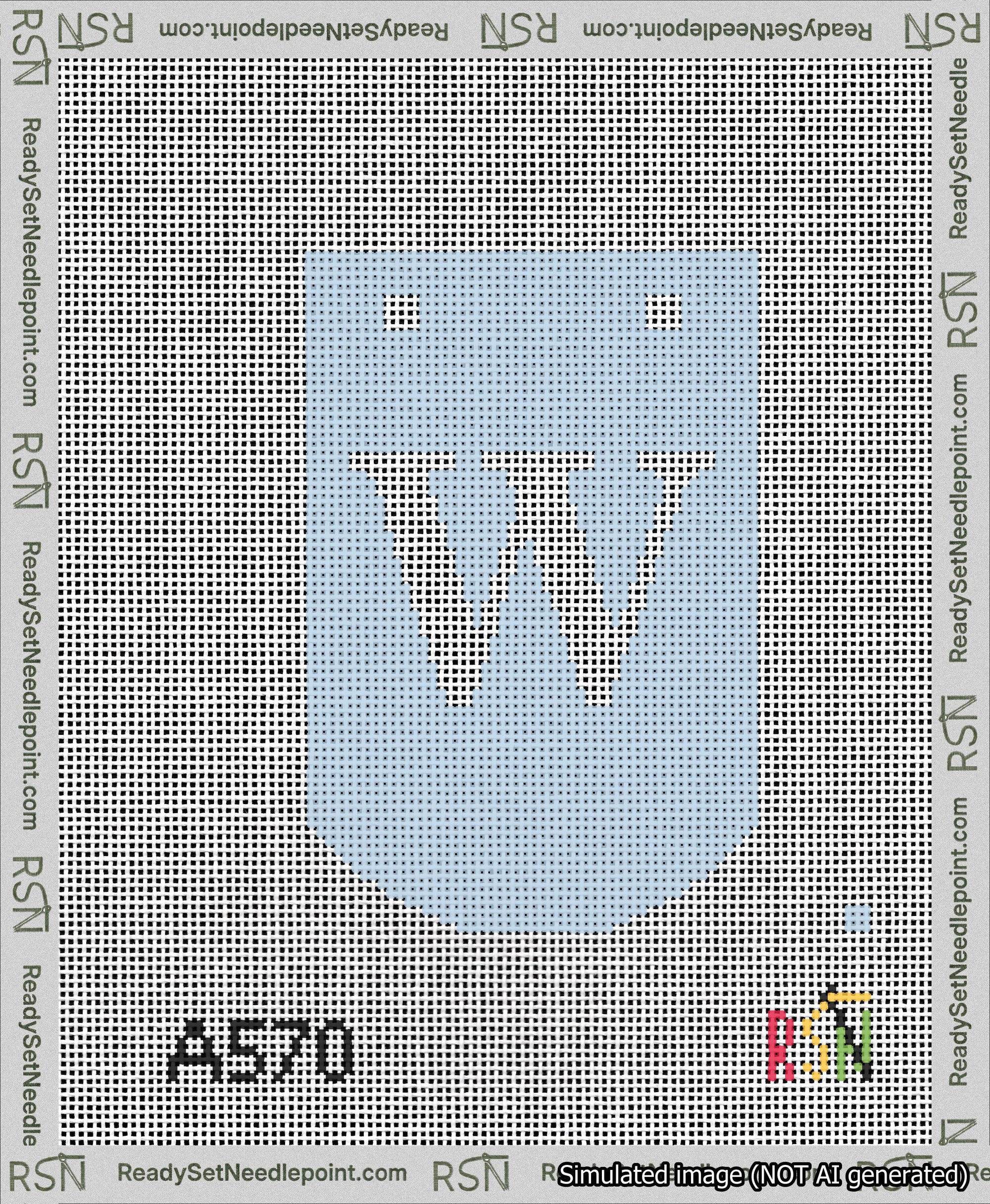 A taped needlepoint canvas with the design: Banner 13 mesh count Curved W White on Light Blue.