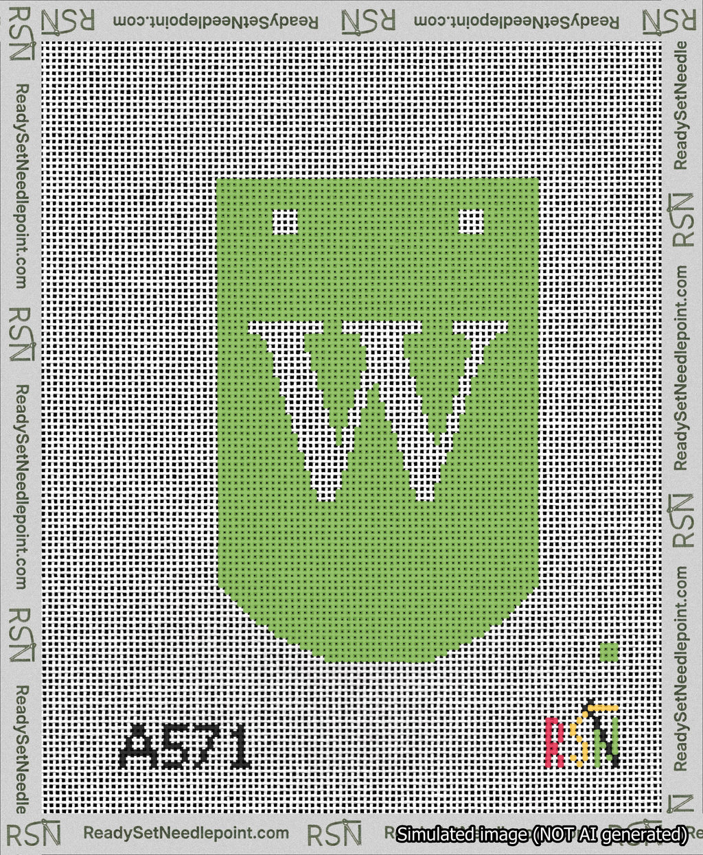 A taped needlepoint canvas with the design: Banner 13 mesh count Curved W White on Light Green.