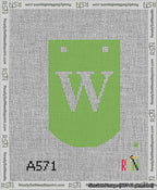 A taped needlepoint canvas with the design: Banner 13 mesh count Curved W White on Light Green.