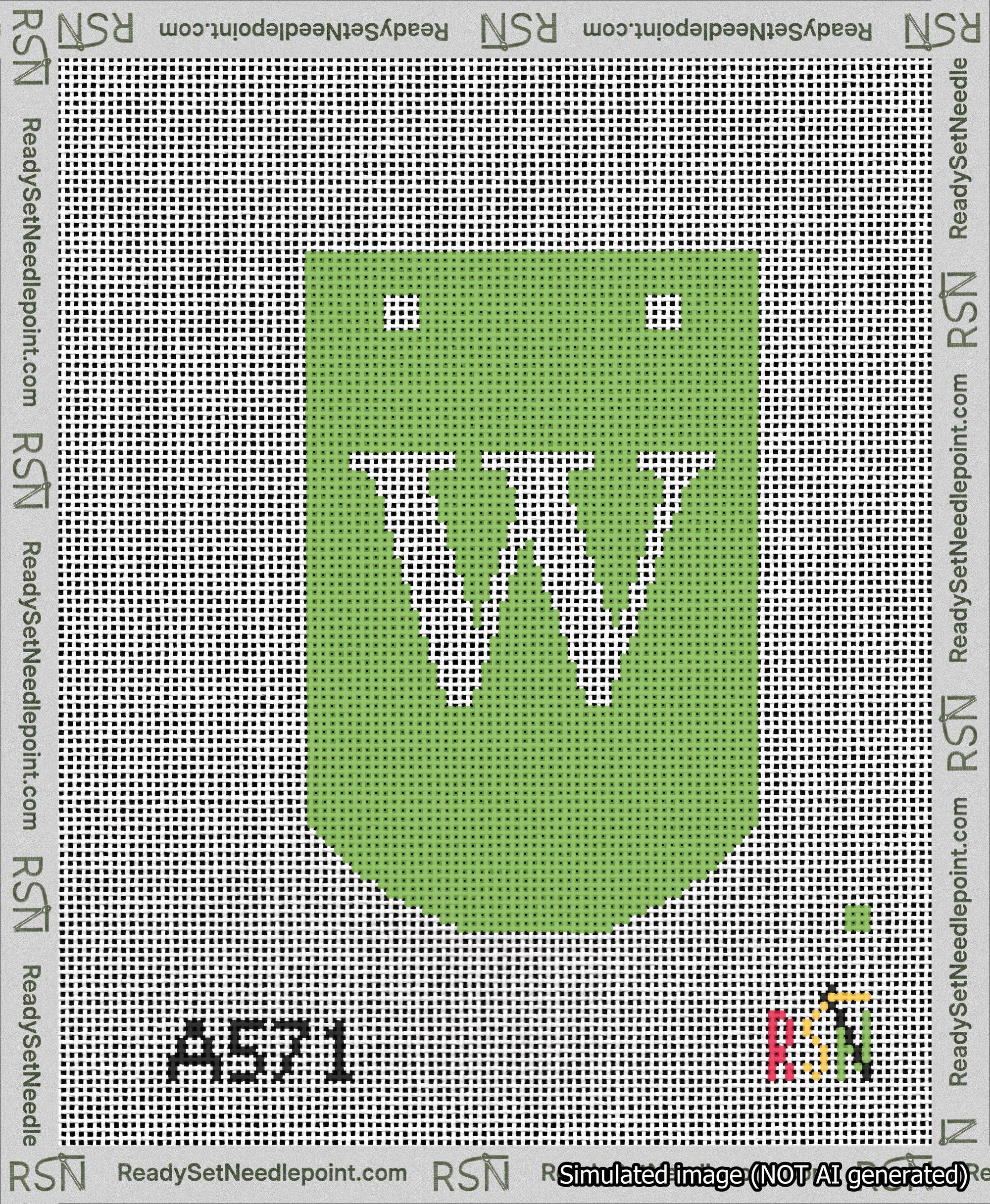 A taped needlepoint canvas with the design: Banner 13 mesh count Curved W White on Light Green.