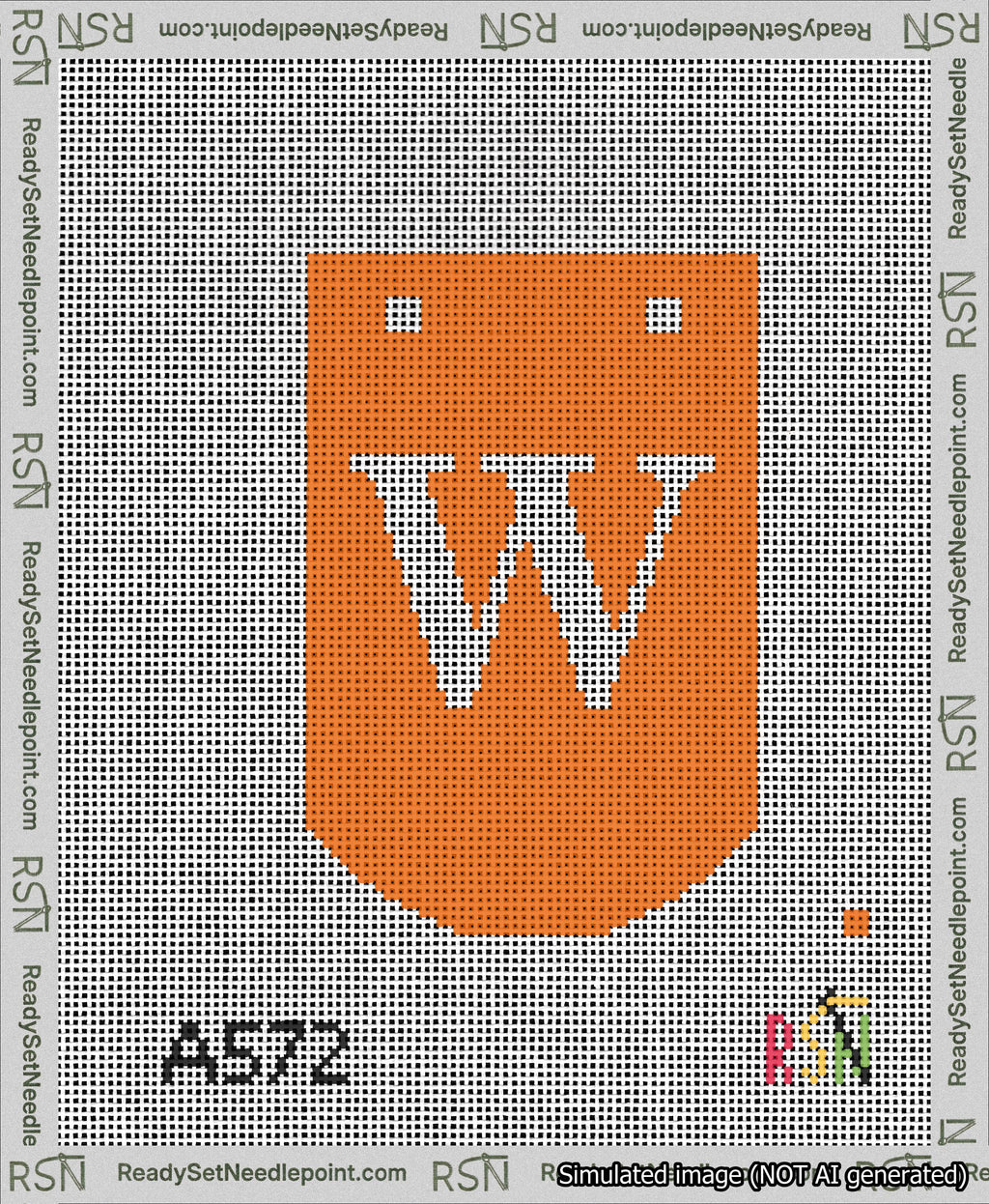 A taped needlepoint canvas with the design: Banner 13 mesh count Curved W White on Orange.