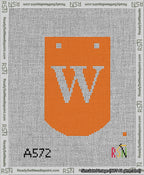 A taped needlepoint canvas with the design: Banner 13 mesh count Curved W White on Orange.