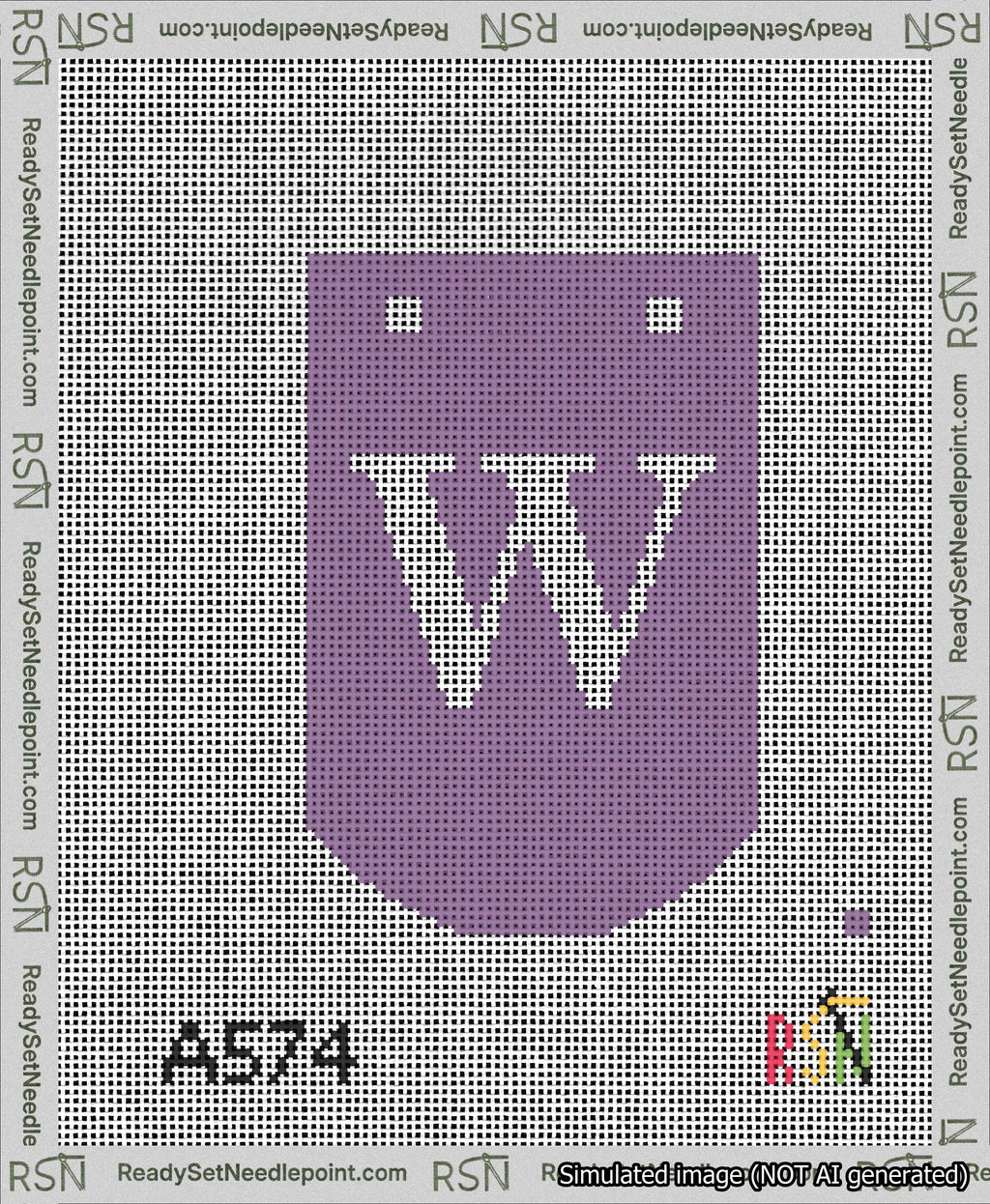 A taped needlepoint canvas with the design: Banner 13 mesh count Curved W White on Purple.
