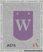 A taped needlepoint canvas with the design: Banner 13 mesh count Curved W White on Purple.