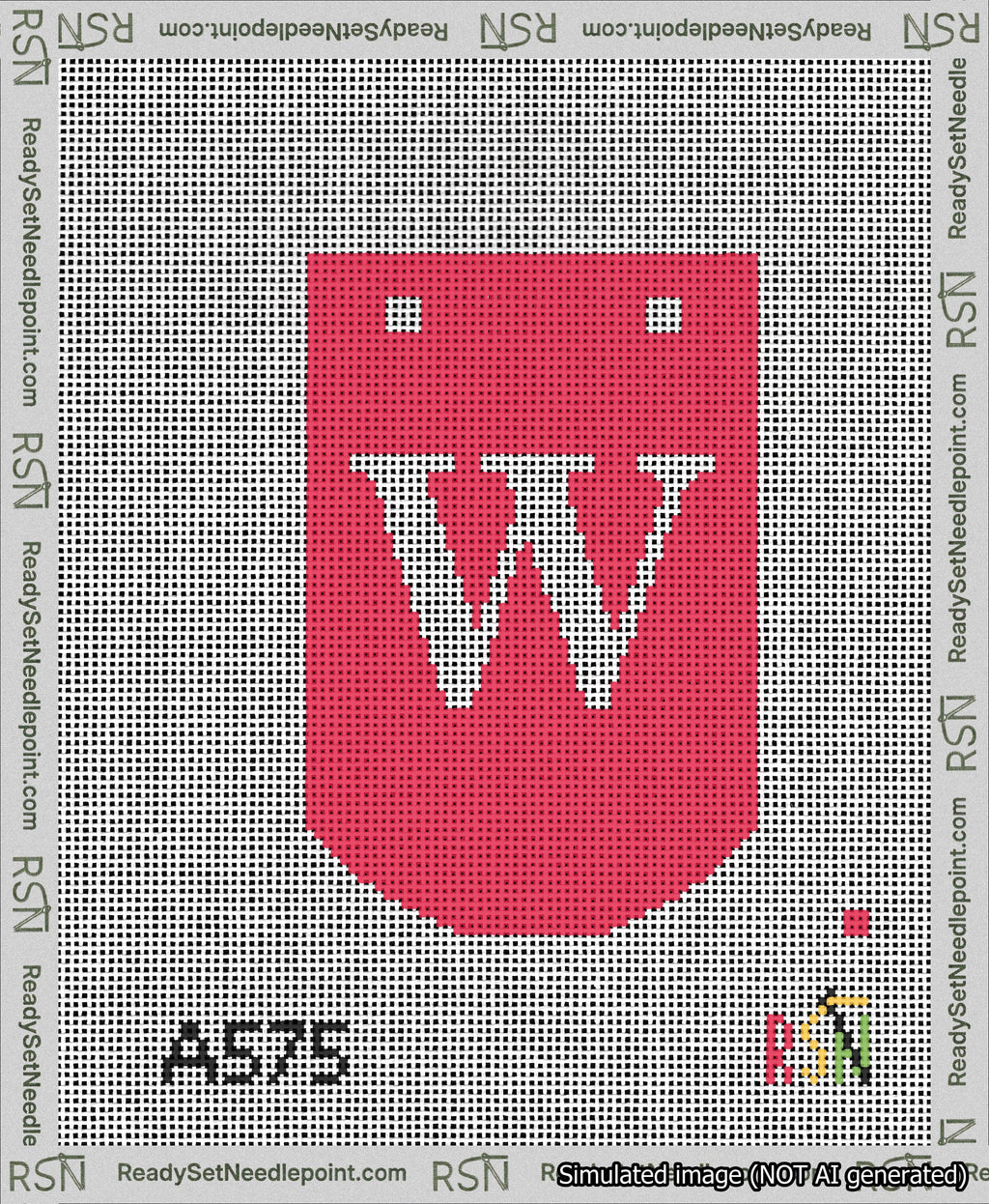 A taped needlepoint canvas with the design: Banner 13 mesh count Curved W White on Red.
