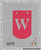 A taped needlepoint canvas with the design: Banner 13 mesh count Curved W White on Red.