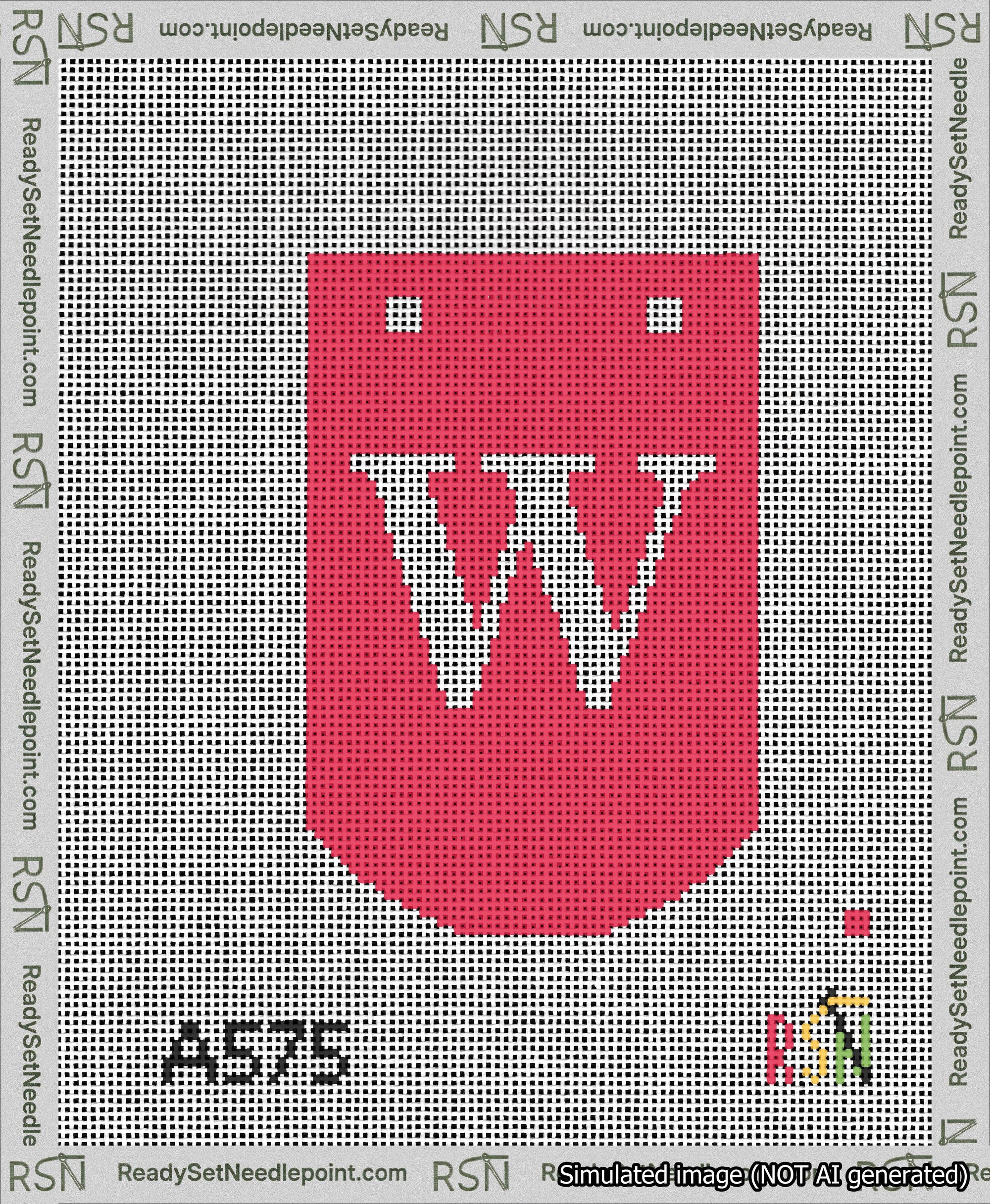A taped needlepoint canvas with the design: Banner 13 mesh count Curved W White on Red.