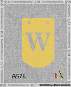 A taped needlepoint canvas with the design: Banner 13 mesh count Curved W White on Yellow.