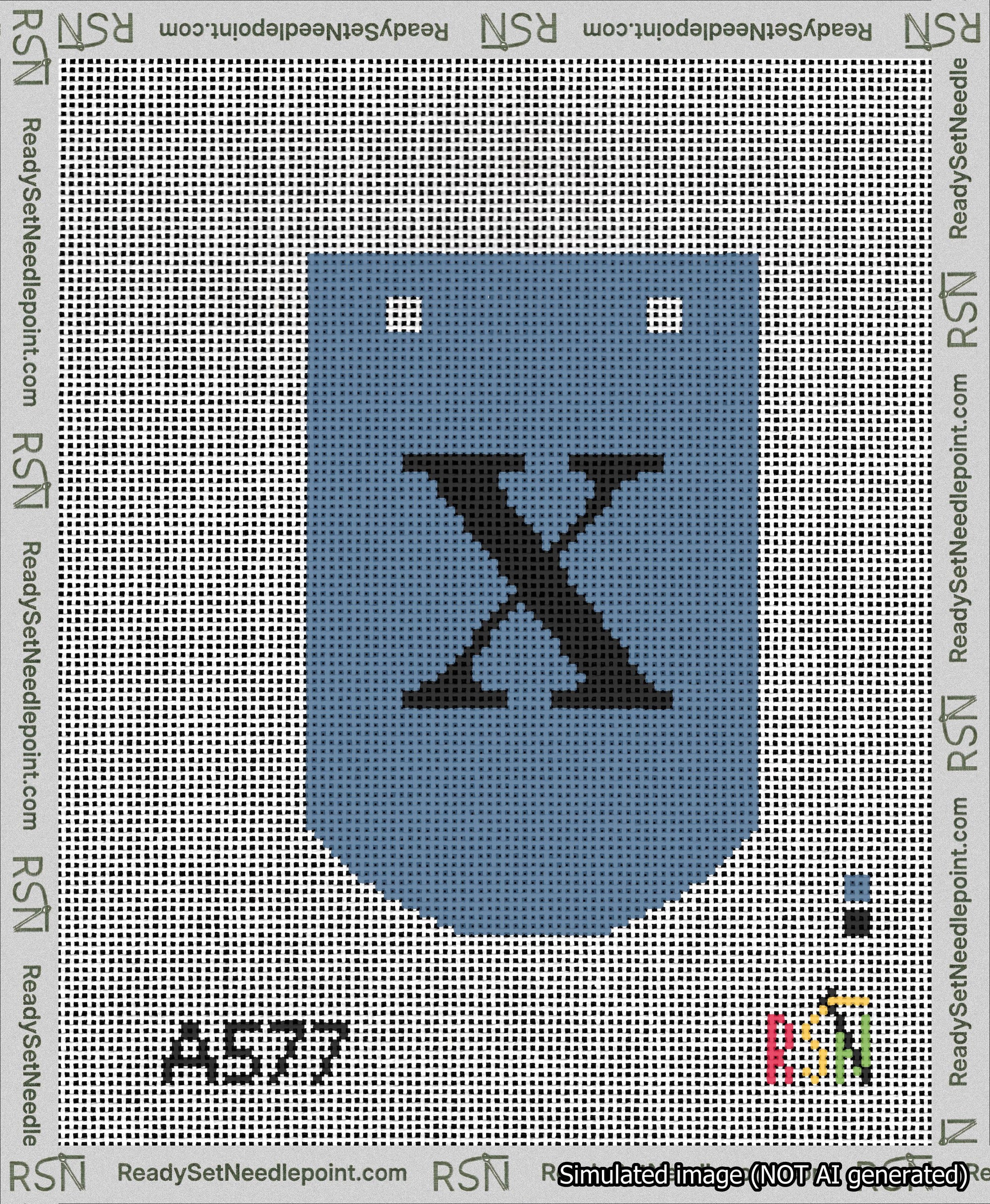 A taped needlepoint canvas with the design: Banner 13 mesh count Curved X Black on Blue.