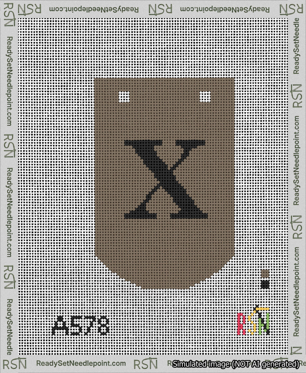 A taped needlepoint canvas with the design: Banner 13 mesh count Curved X Black on Brown.