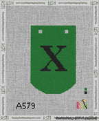A taped needlepoint canvas with the design: Banner 13 mesh count Curved X Black on Green.