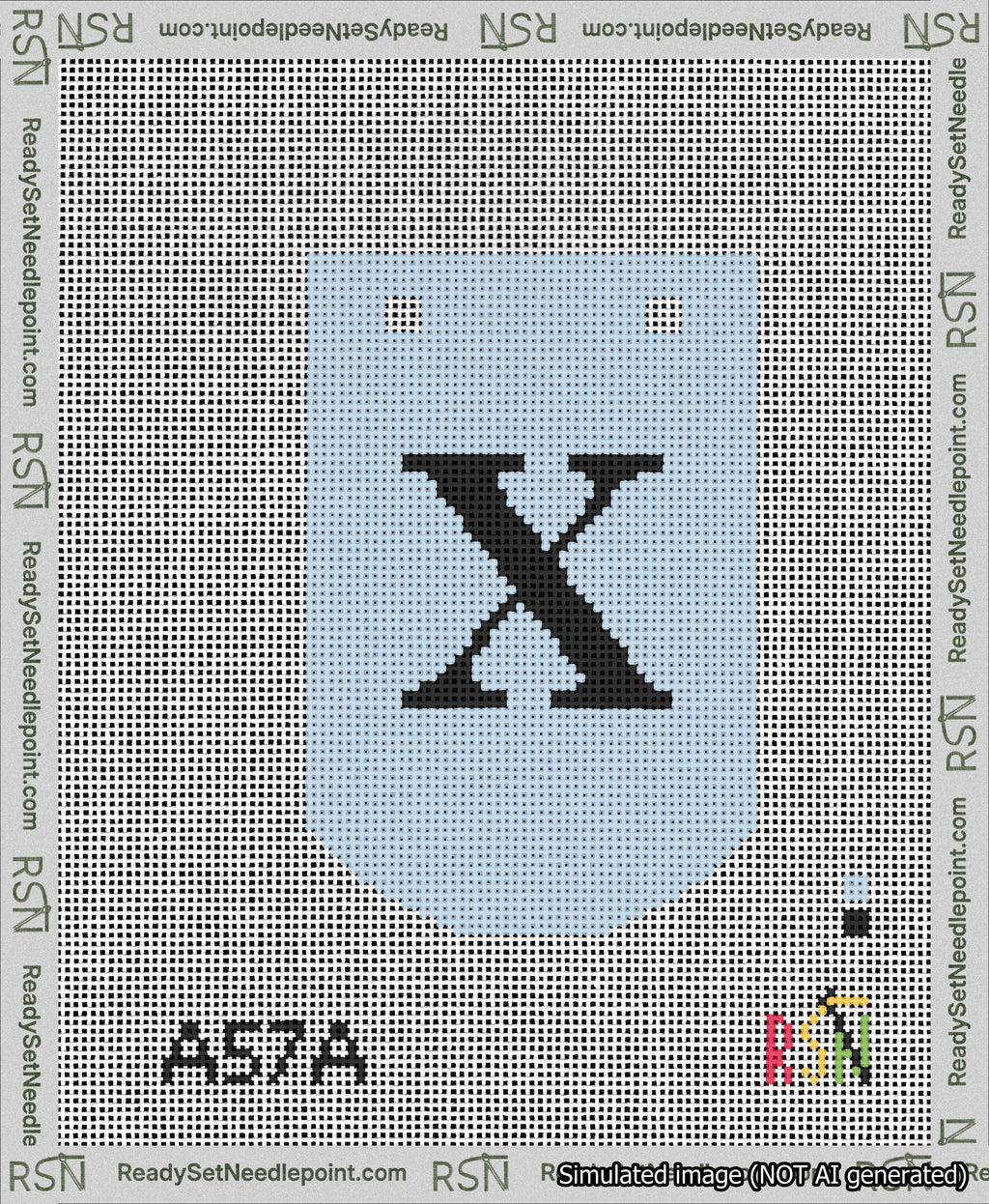 A taped needlepoint canvas with the design: Banner 13 mesh count Curved X Black on Light Blue.