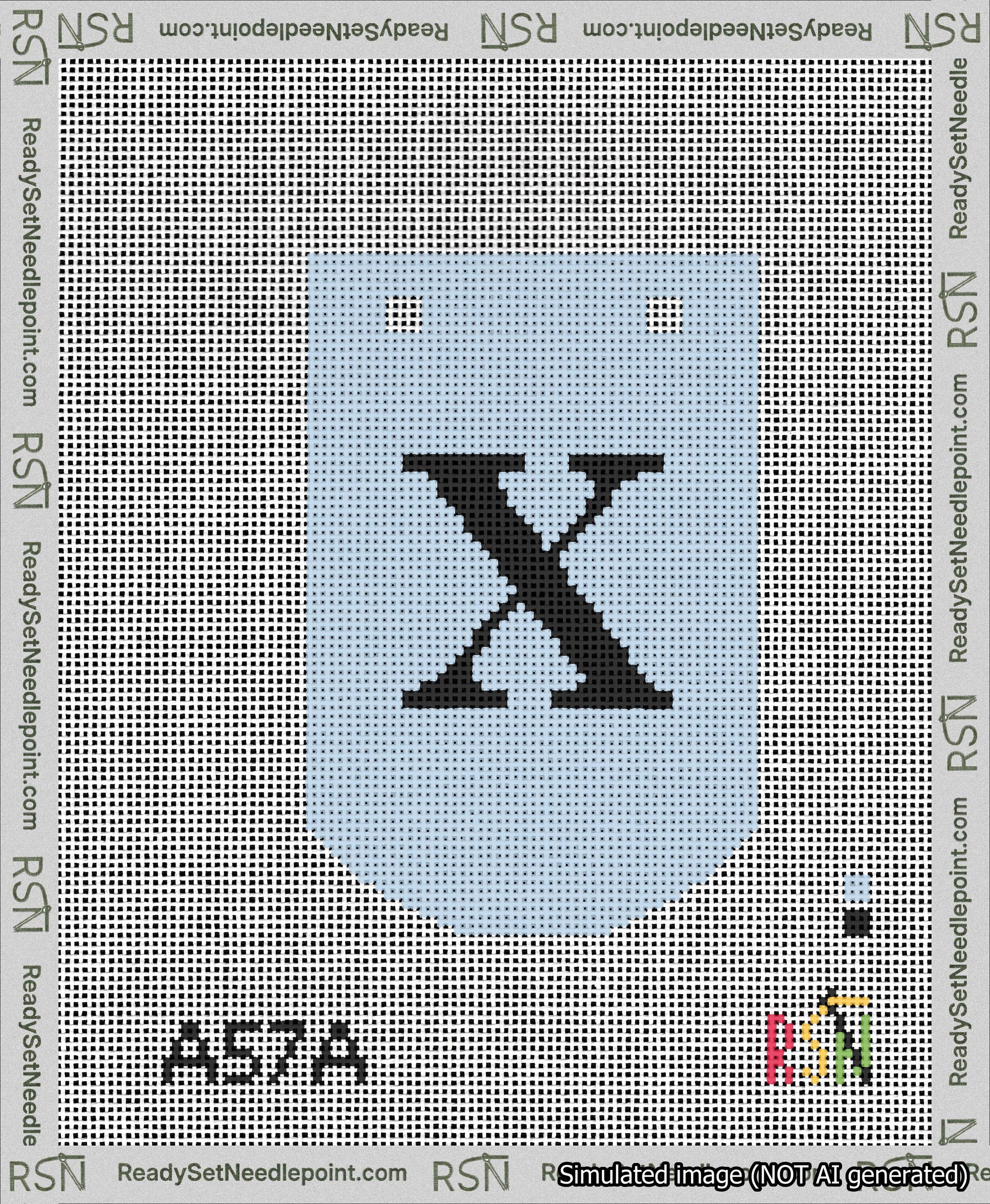 A taped needlepoint canvas with the design: Banner 13 mesh count Curved X Black on Light Blue.