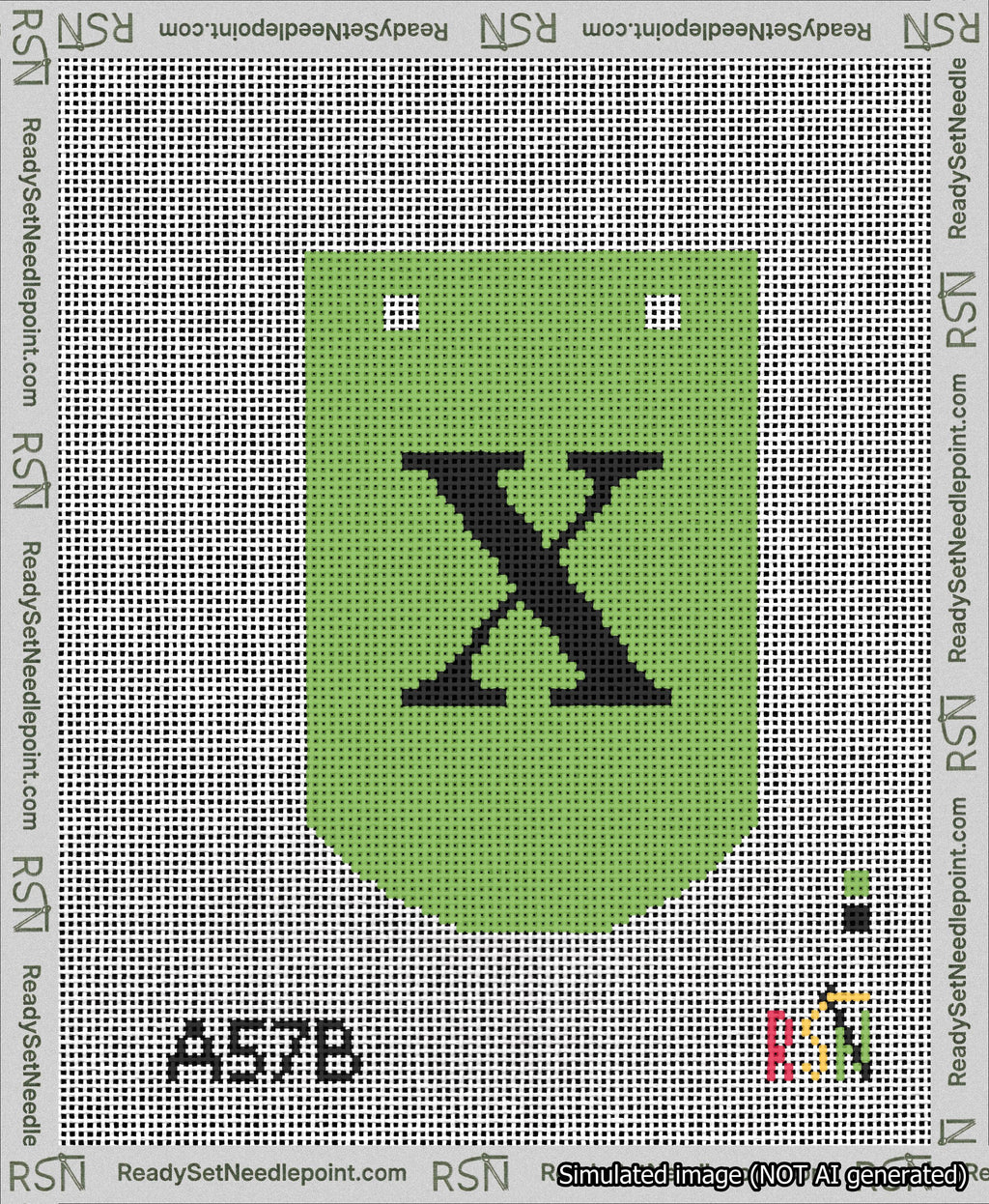 A taped needlepoint canvas with the design: Banner 13 mesh count Curved X Black on Light Green.