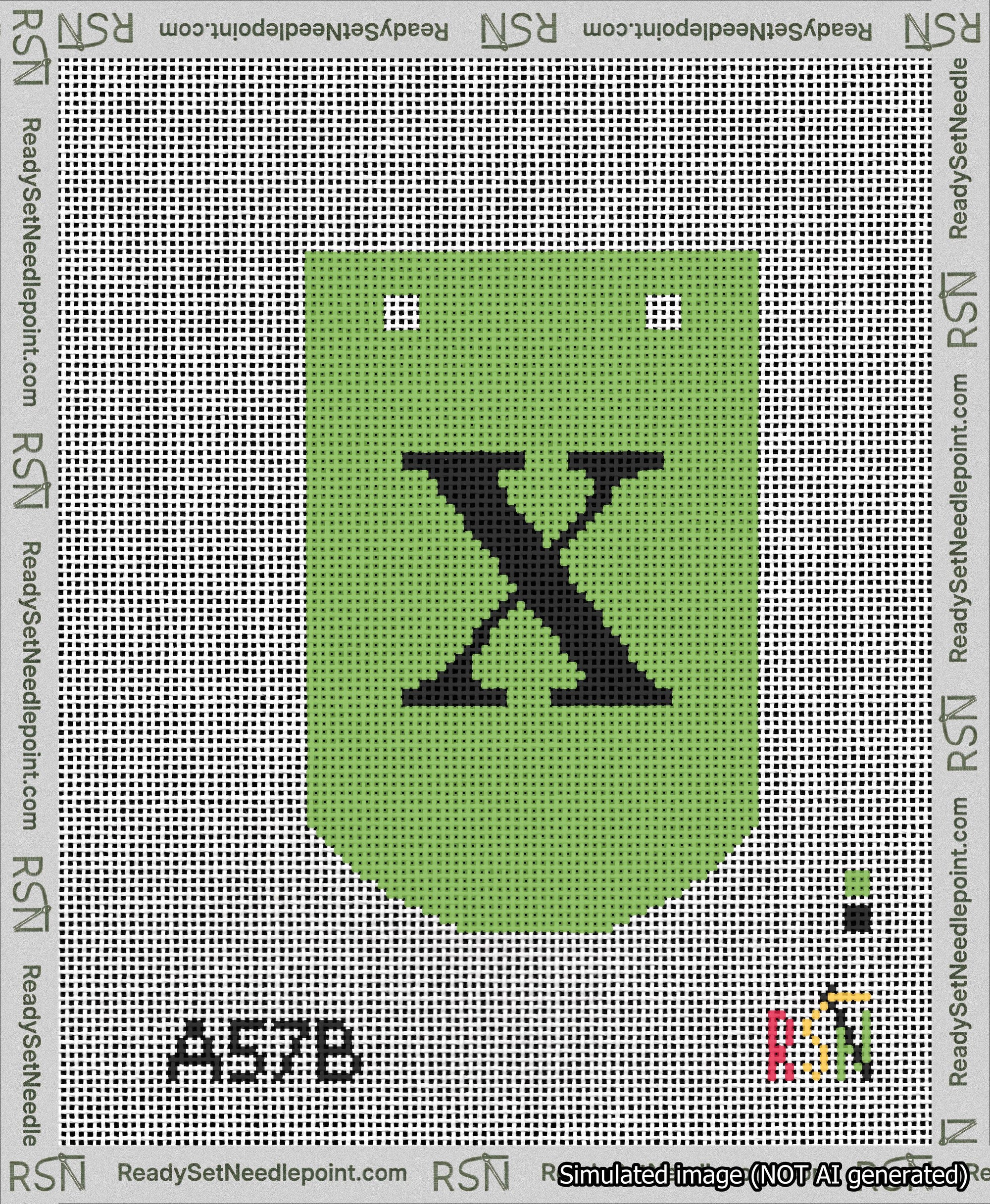 A taped needlepoint canvas with the design: Banner 13 mesh count Curved X Black on Light Green.