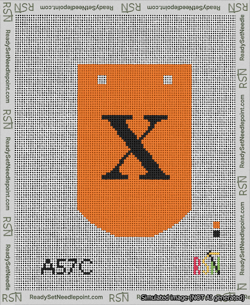 A taped needlepoint canvas with the design: Banner 13 mesh count Curved X Black on Orange.