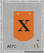 A taped needlepoint canvas with the design: Banner 13 mesh count Curved X Black on Orange.