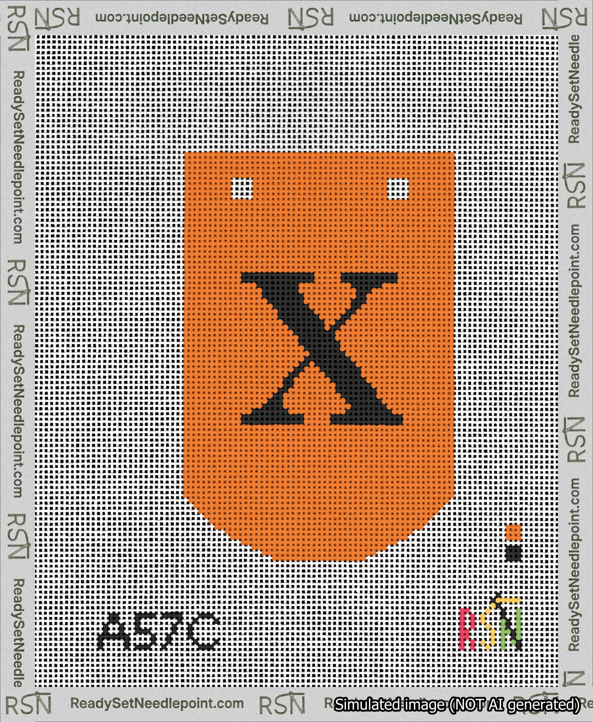 A taped needlepoint canvas with the design: Banner 13 mesh count Curved X Black on Orange.