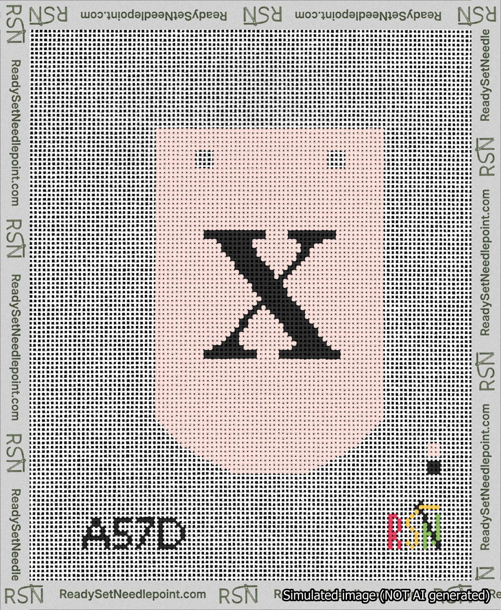 A taped needlepoint canvas with the design: Banner 13 mesh count Curved X Black on Pink.