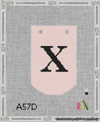 A taped needlepoint canvas with the design: Banner 13 mesh count Curved X Black on Pink.