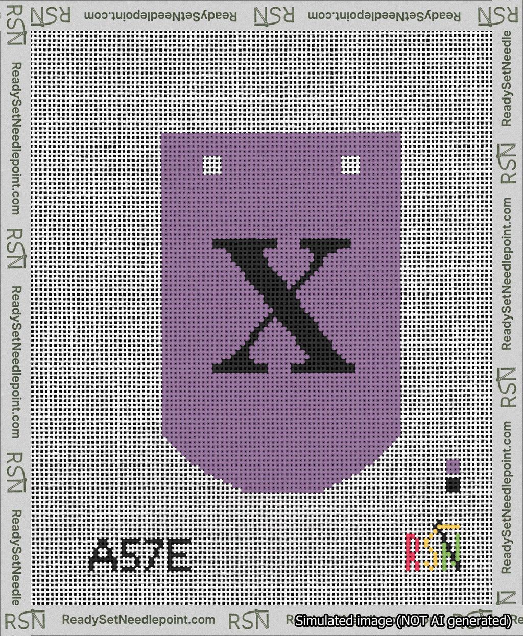 A taped needlepoint canvas with the design: Banner 13 mesh count Curved X Black on Purple.