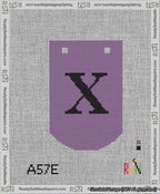 A taped needlepoint canvas with the design: Banner 13 mesh count Curved X Black on Purple.