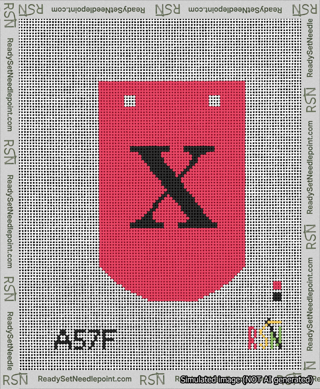 A taped needlepoint canvas with the design: Banner 13 mesh count Curved X Black on Red.