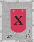 A taped needlepoint canvas with the design: Banner 13 mesh count Curved X Black on Red.