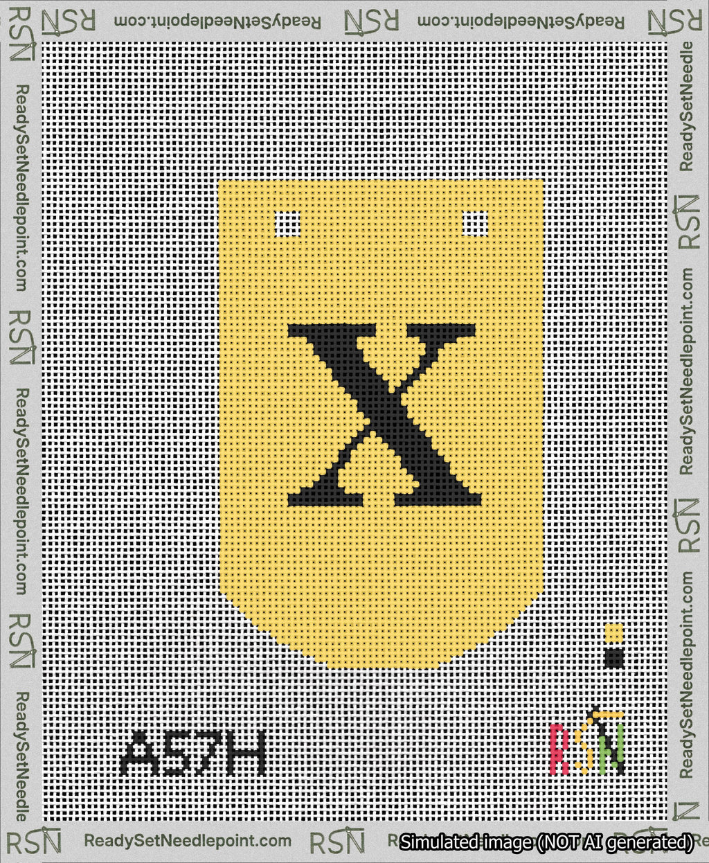 A taped needlepoint canvas with the design: Banner 13 mesh count Curved X Black on Yellow.