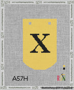 A taped needlepoint canvas with the design: Banner 13 mesh count Curved X Black on Yellow.
