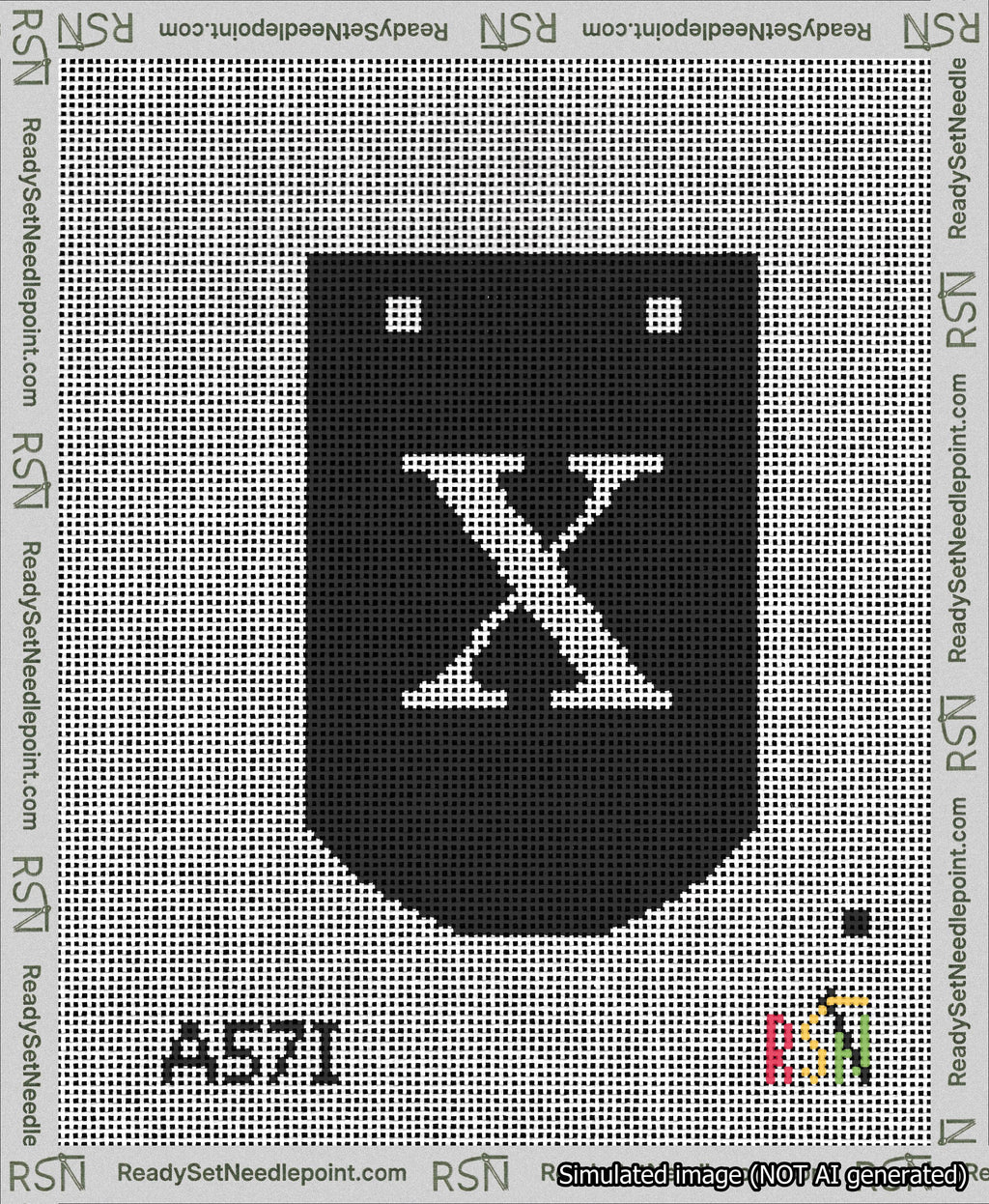 A taped needlepoint canvas with the design: Banner 13 mesh count Curved X White on Black.