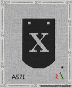 A taped needlepoint canvas with the design: Banner 13 mesh count Curved X White on Black.