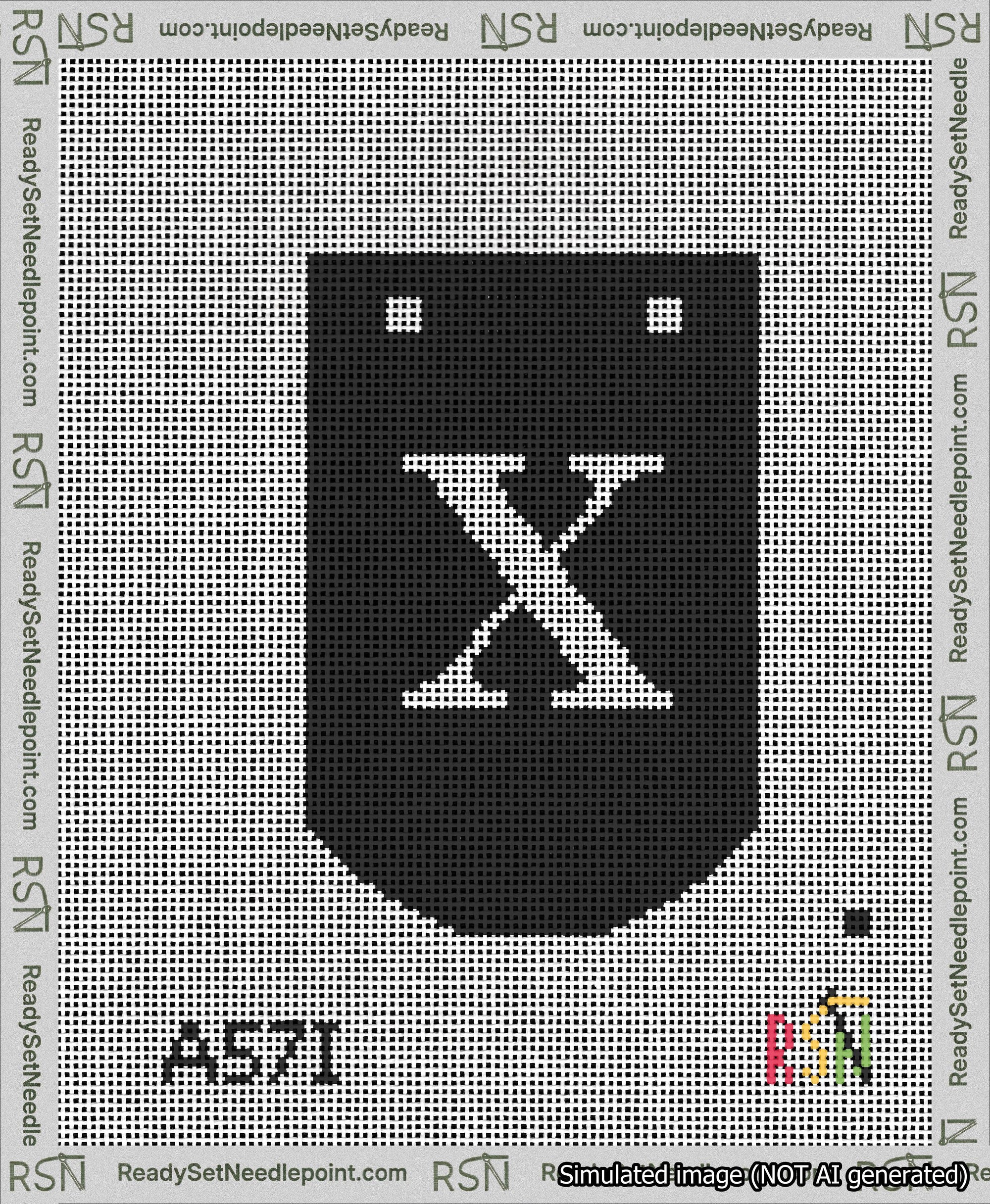 A taped needlepoint canvas with the design: Banner 13 mesh count Curved X White on Black.