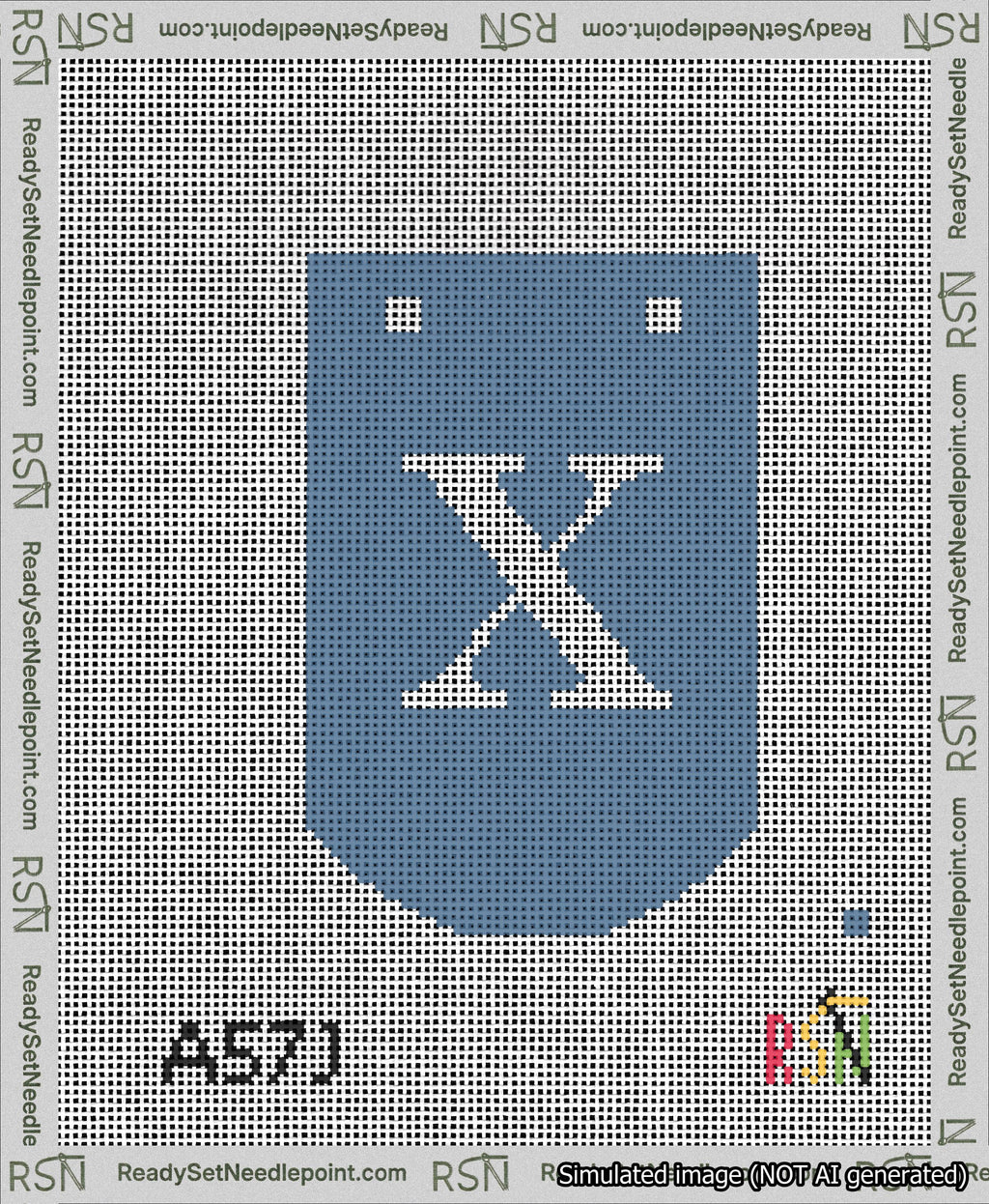 A taped needlepoint canvas with the design: Banner 13 mesh count Curved X White on Blue.
