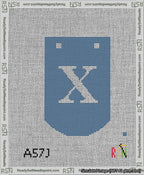 A taped needlepoint canvas with the design: Banner 13 mesh count Curved X White on Blue.