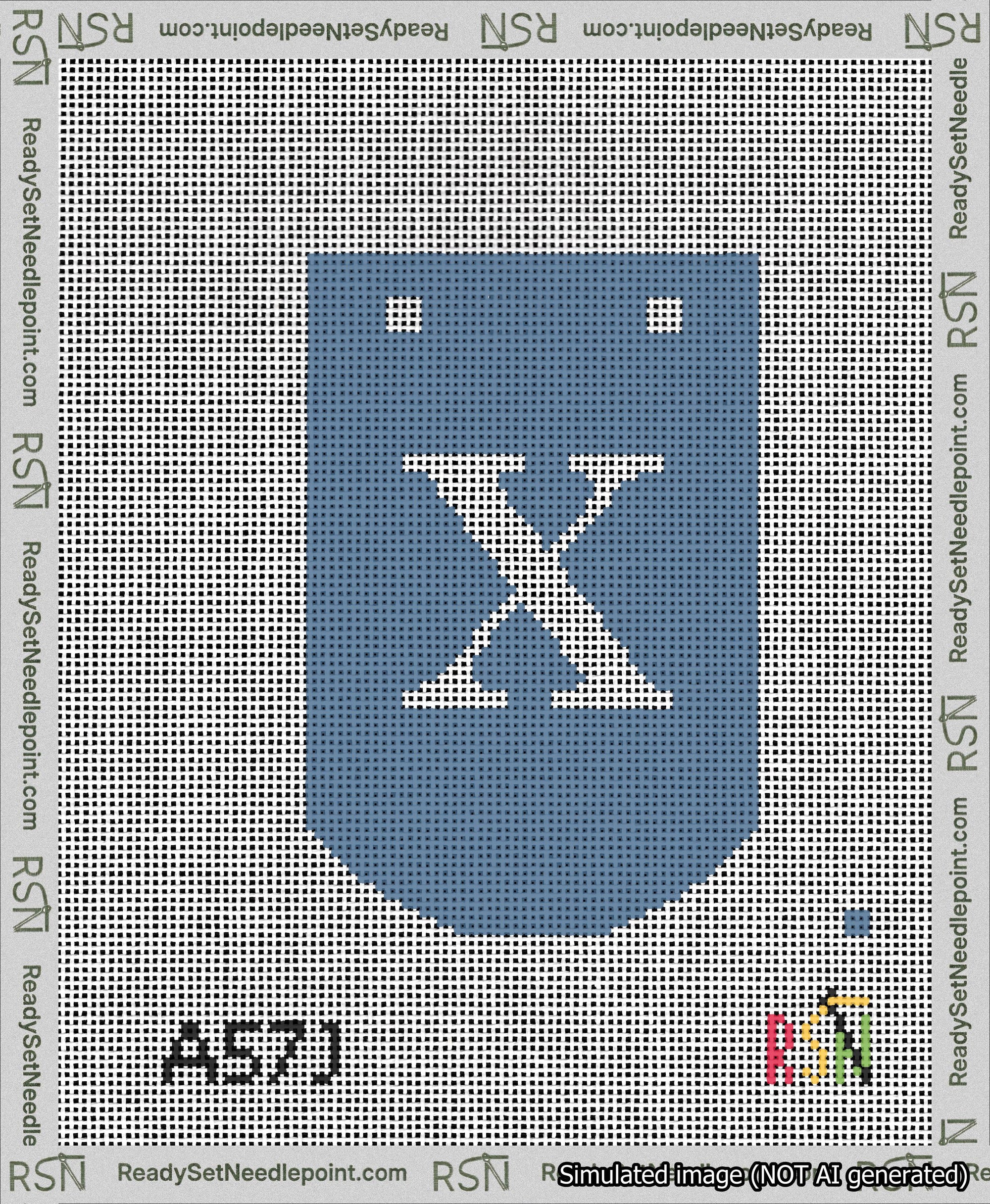 A taped needlepoint canvas with the design: Banner 13 mesh count Curved X White on Blue.