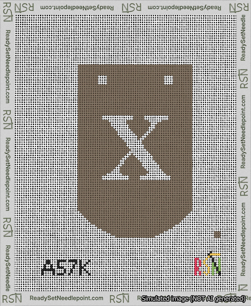 A taped needlepoint canvas with the design: Banner 13 mesh count Curved X White on Brown.