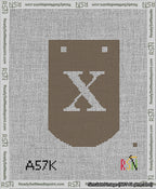 A taped needlepoint canvas with the design: Banner 13 mesh count Curved X White on Brown.