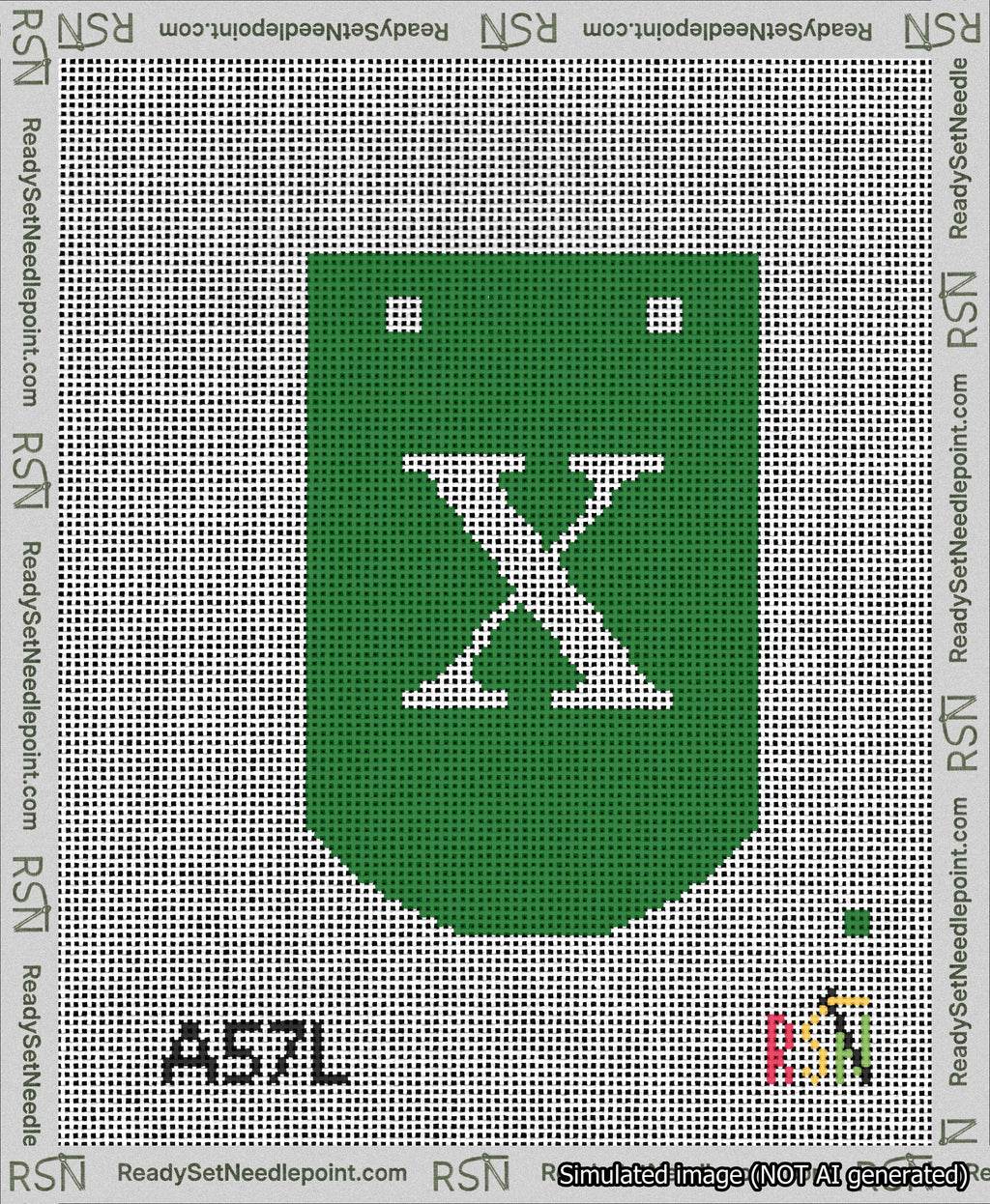 A taped needlepoint canvas with the design: Banner 13 mesh count Curved X White on Green.