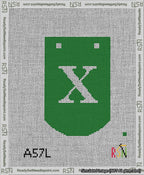 A taped needlepoint canvas with the design: Banner 13 mesh count Curved X White on Green.