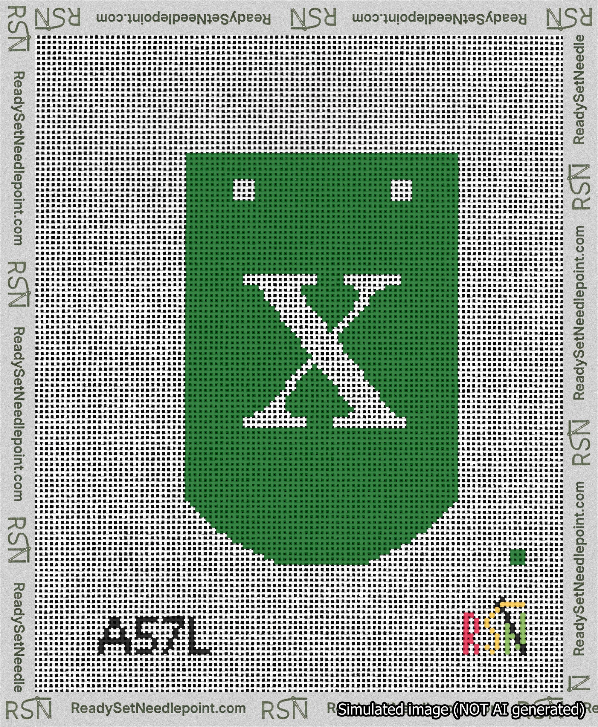 A taped needlepoint canvas with the design: Banner 13 mesh count Curved X White on Green.