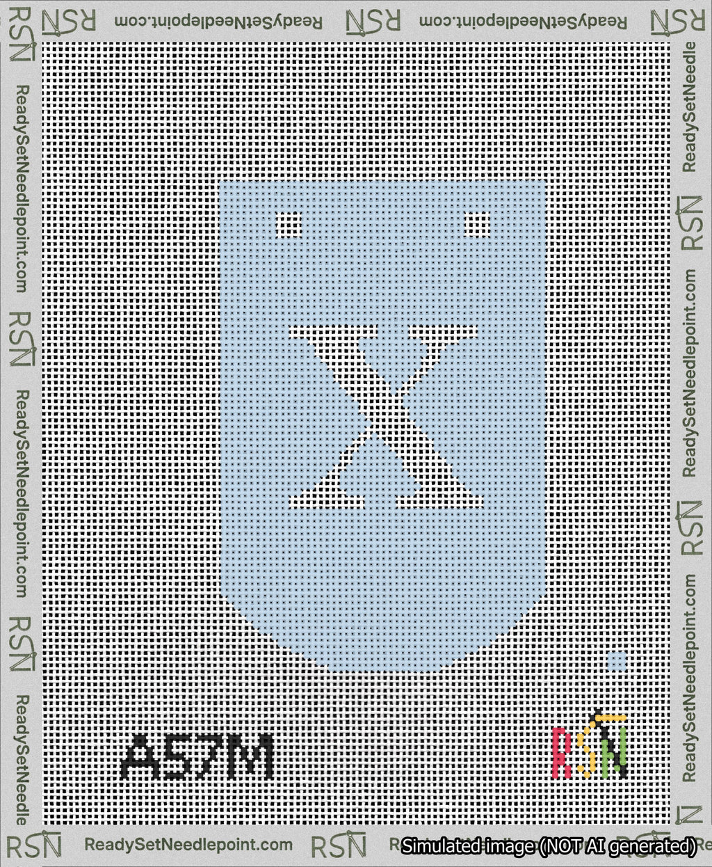 A taped needlepoint canvas with the design: Banner 13 mesh count Curved X White on Light Blue.