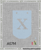 A taped needlepoint canvas with the design: Banner 13 mesh count Curved X White on Light Blue.