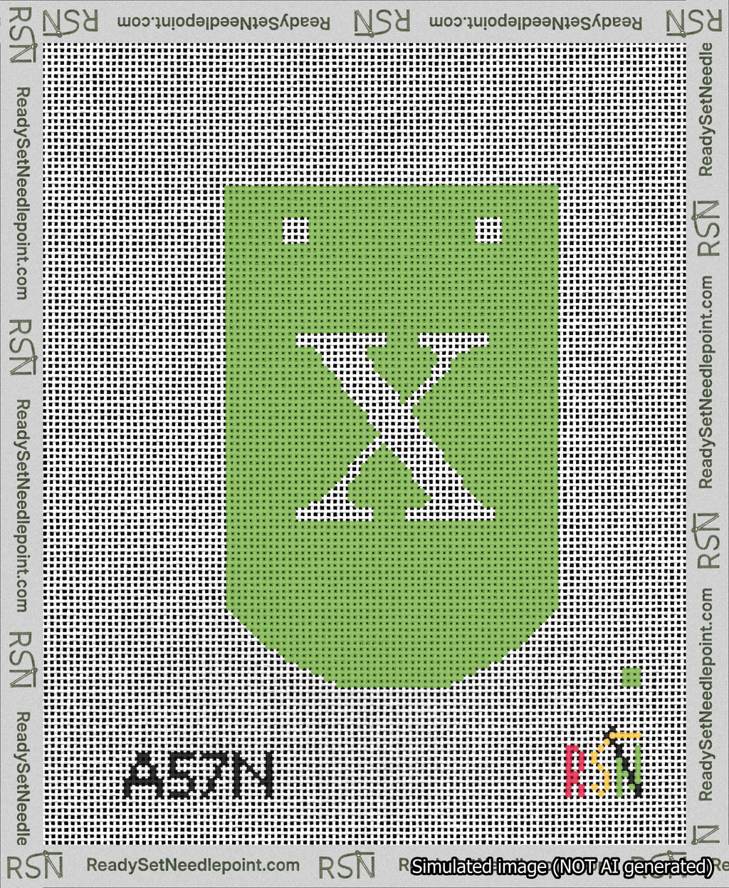 A taped needlepoint canvas with the design: Banner 13 mesh count Curved X White on Light Green.