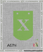 A taped needlepoint canvas with the design: Banner 13 mesh count Curved X White on Light Green.