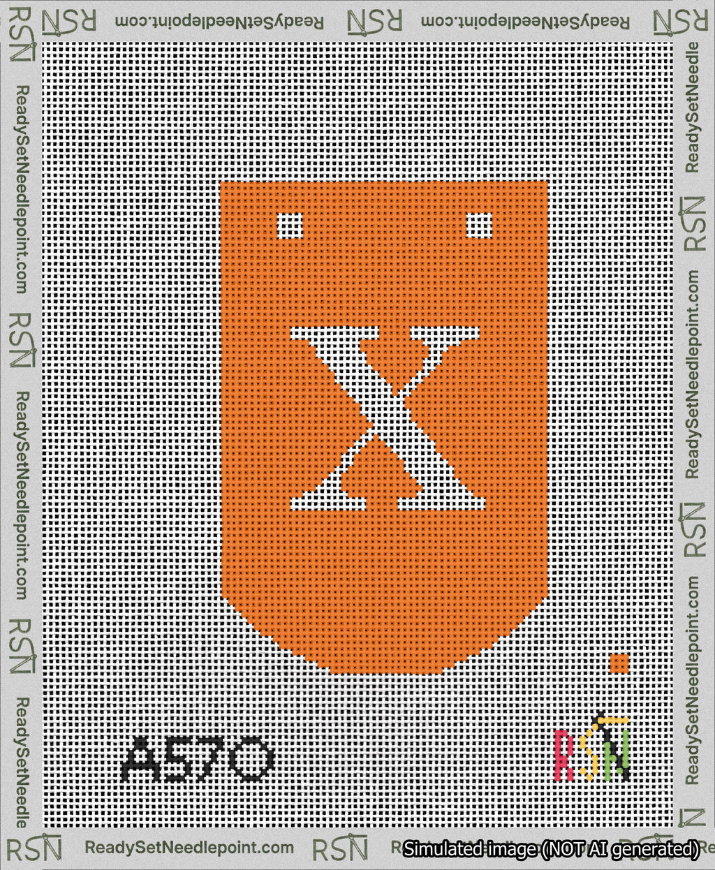A taped needlepoint canvas with the design: Banner 13 mesh count Curved X White on Orange.