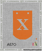 A taped needlepoint canvas with the design: Banner 13 mesh count Curved X White on Orange.