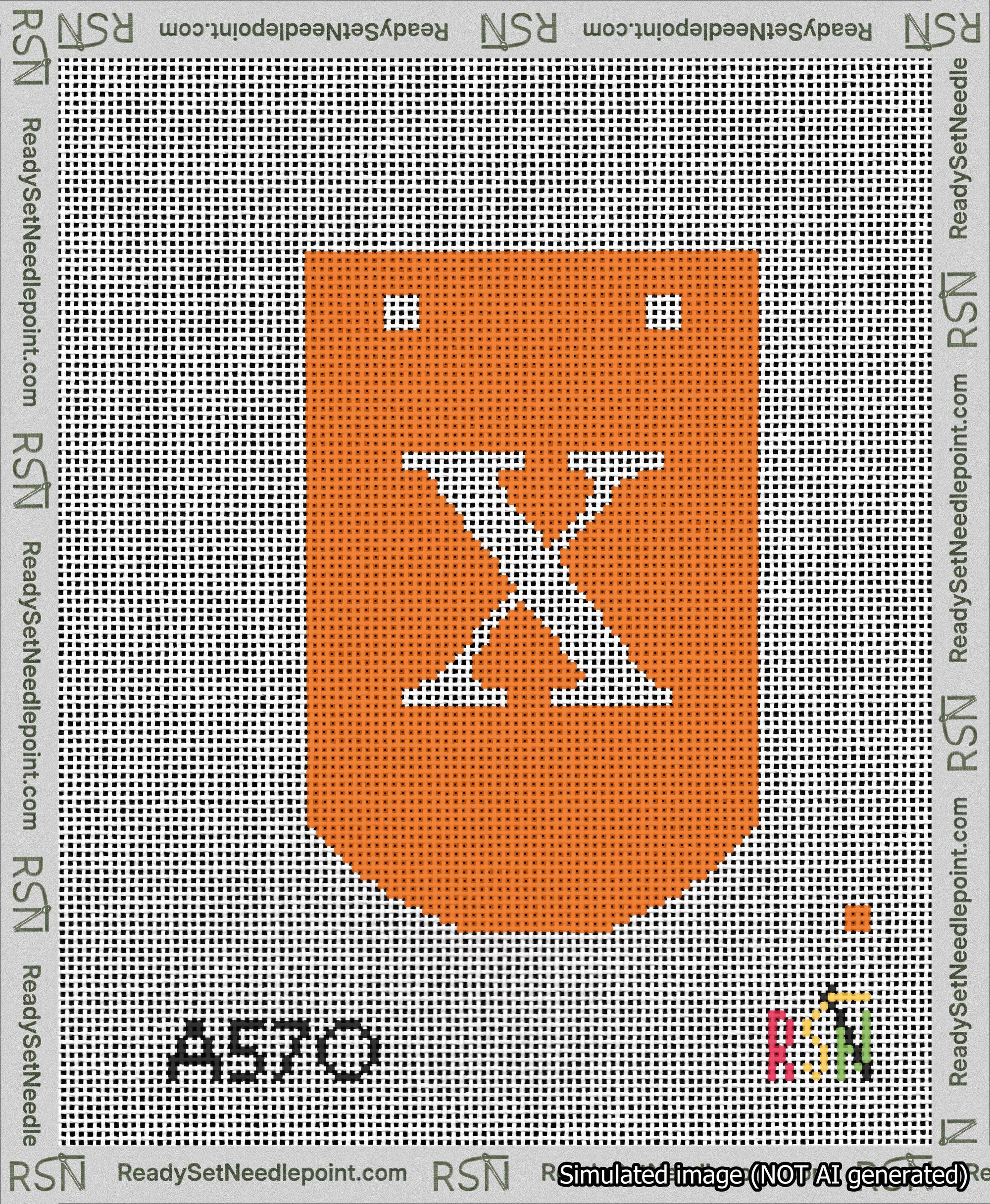 A taped needlepoint canvas with the design: Banner 13 mesh count Curved X White on Orange.